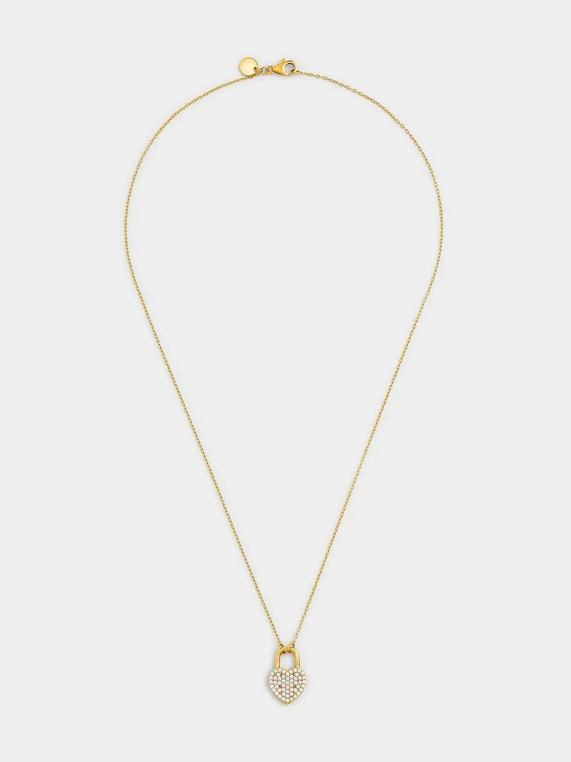 Gold Plated Sterling Silver Cubic Zirconia Heart Lock Pendant