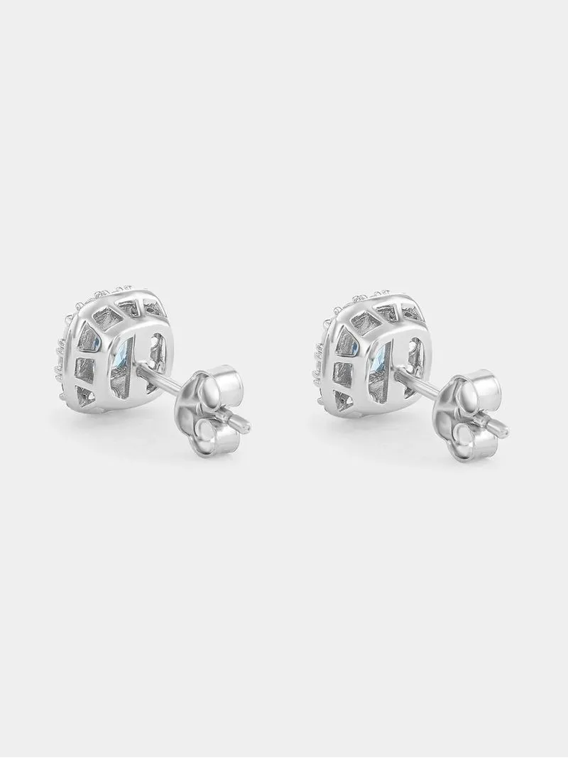 Sterling Silver Diamond & Aquamarine Cushion Halo Stud Earrings