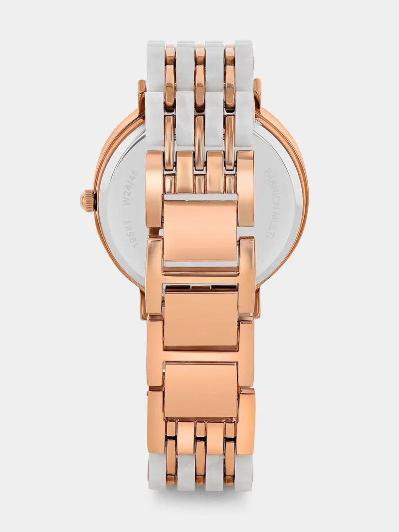 Tempo Premium Rose Plated Two-Tone Beige Marble Bracelet Watch