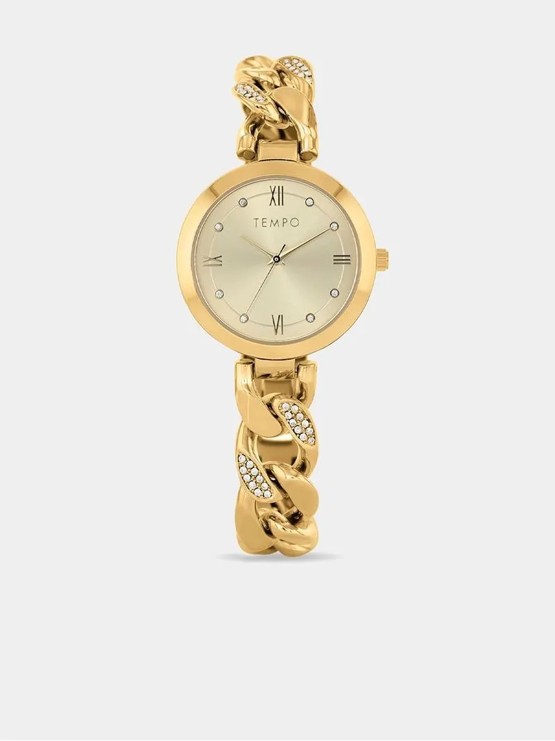 Tempo Women’s Champagne Dial Gold Toned Chain Strap Watch