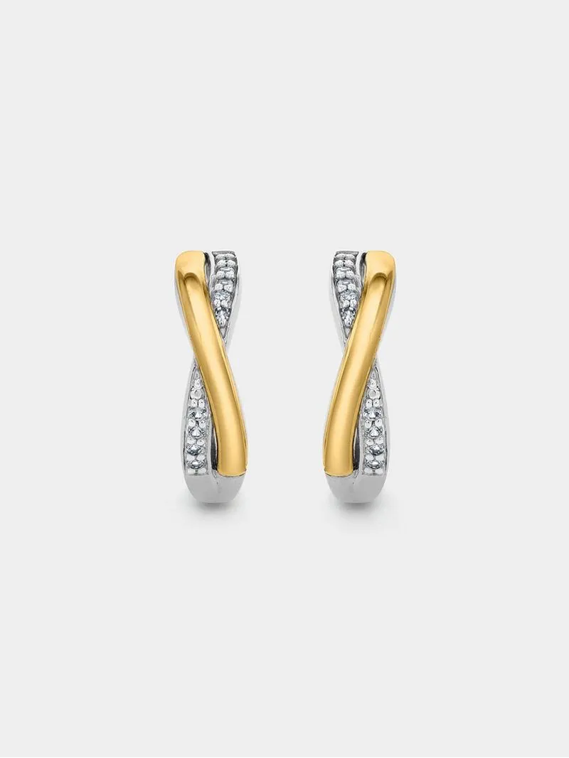 Yellow Gold & Sterling Silver Diamond & Created White Sapphire Crossover Hoop Earrings