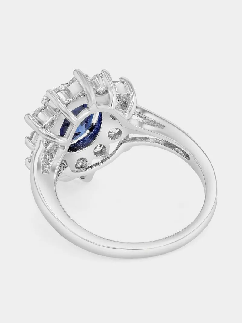Sterling Silver Blue Cubic Zirconia Oval Halo Ring
