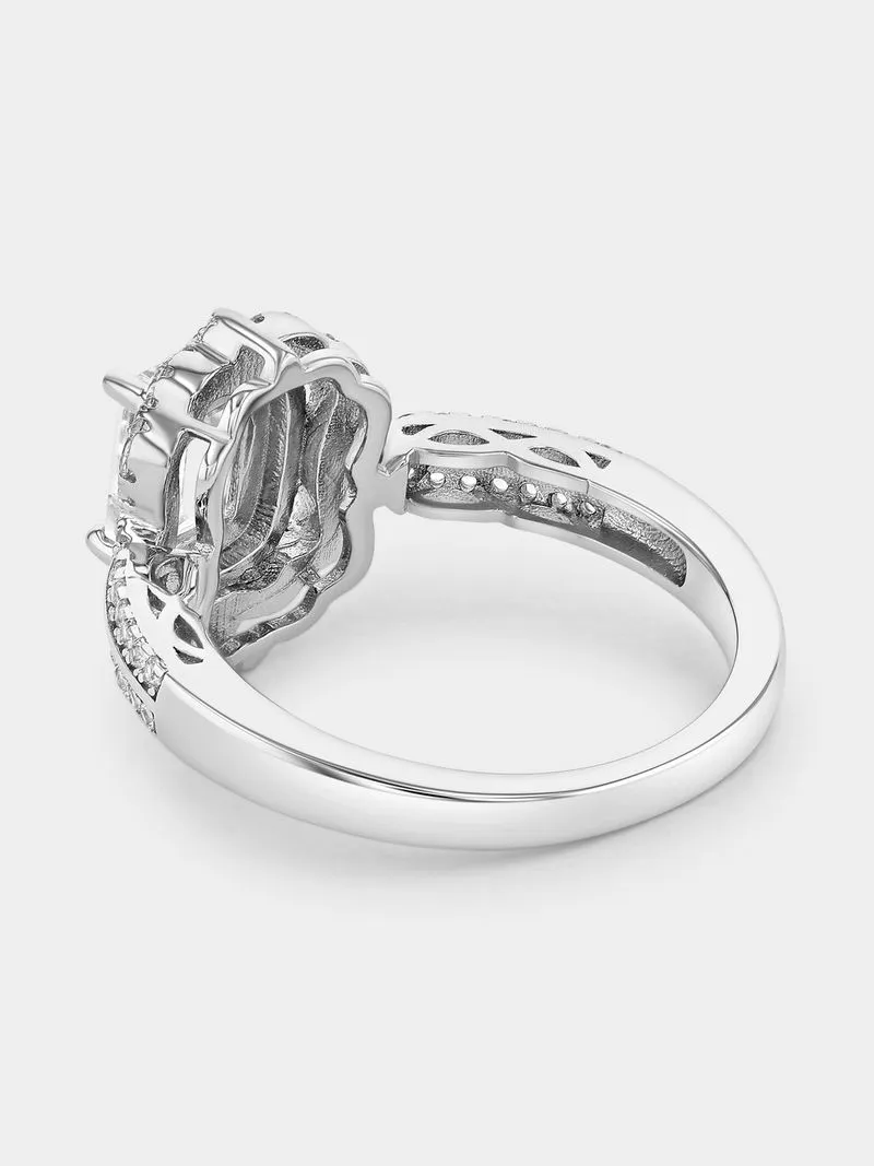 Sterling Silver Diamond & Created Sapphire Rectangle Halo Ring