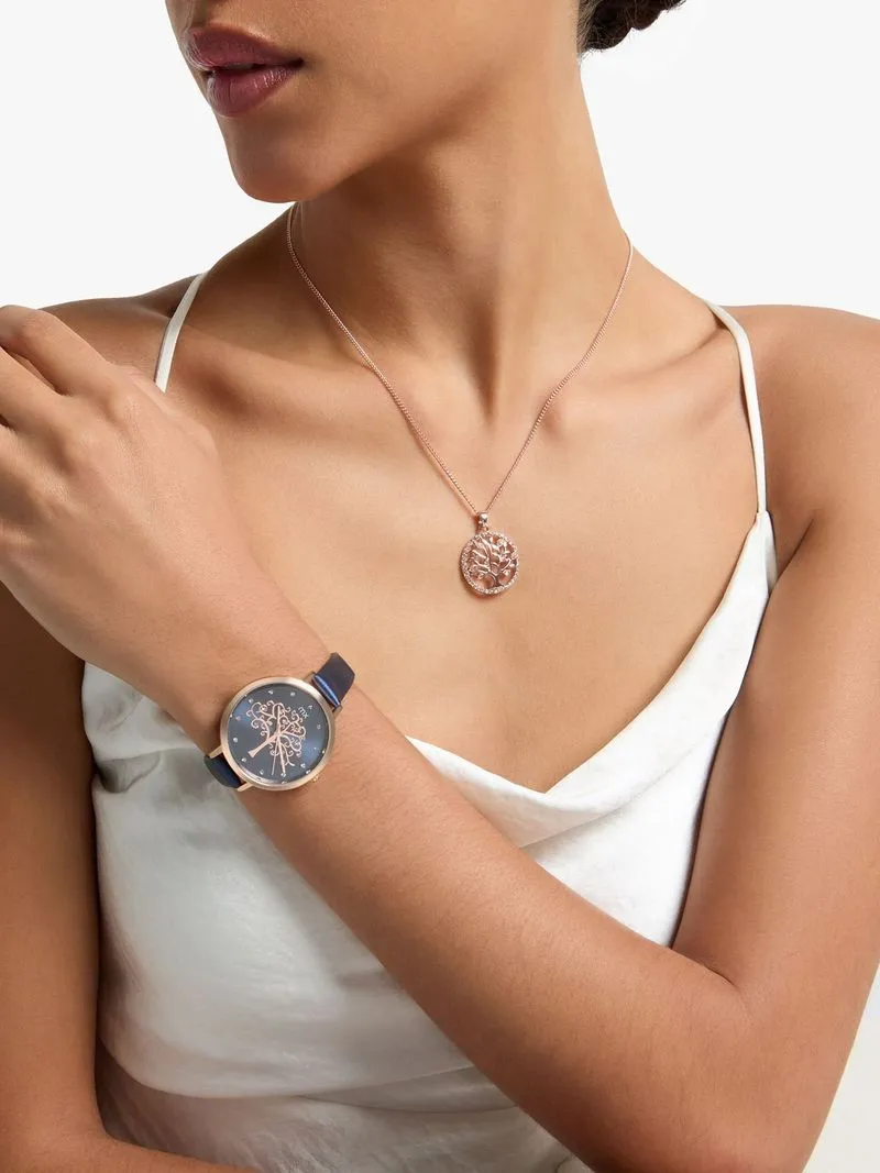 MX Women’s Rose Plated Indigo Faux Leather Watch & Tree Of Life Pendant Set