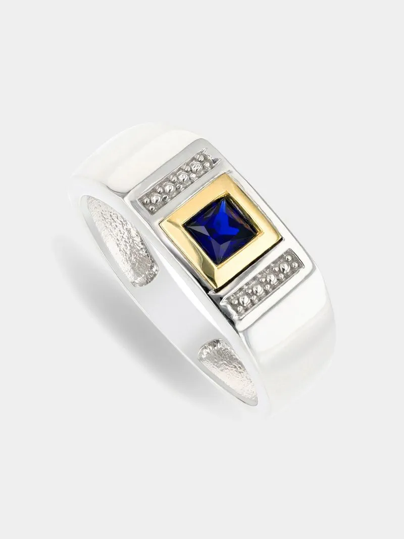 Sterling Silver & 5ct Yellow Gold , Created Blue Sapphire Men’s Ring