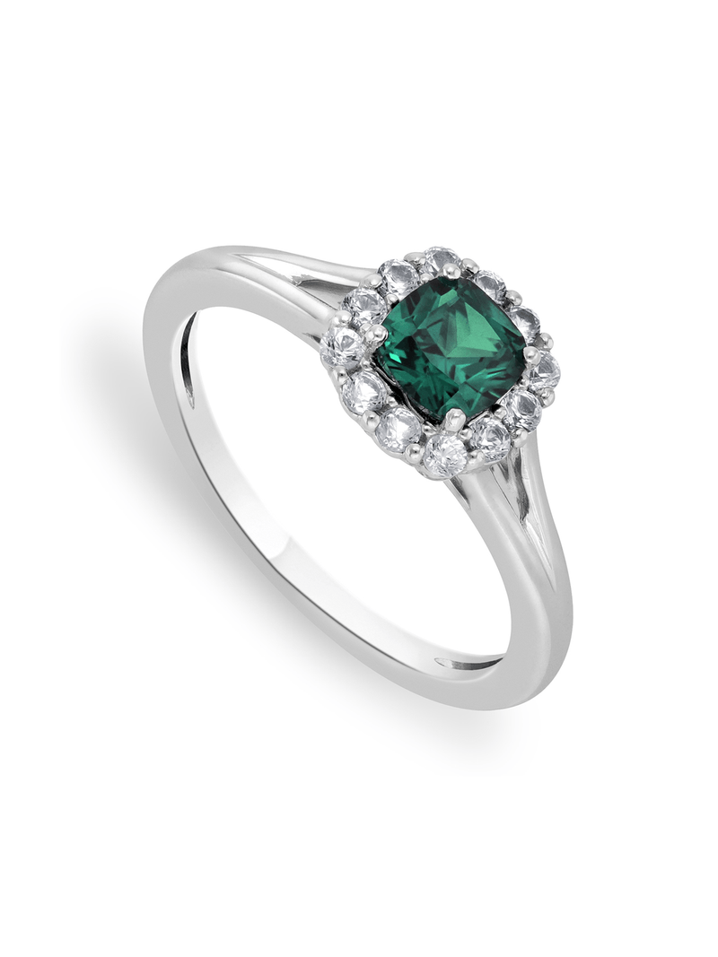 Sterling Silver Diamond & Created Emerald Cushion Halo Ring