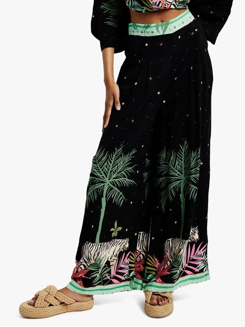 Women's Me&B Black Tiger Printed Cropped Wide Leg Pants