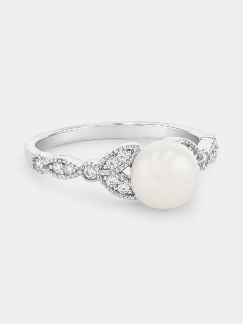 Sterling Silver Freshwater Pearl & Cubic Zirconia Vintage-Style Ring