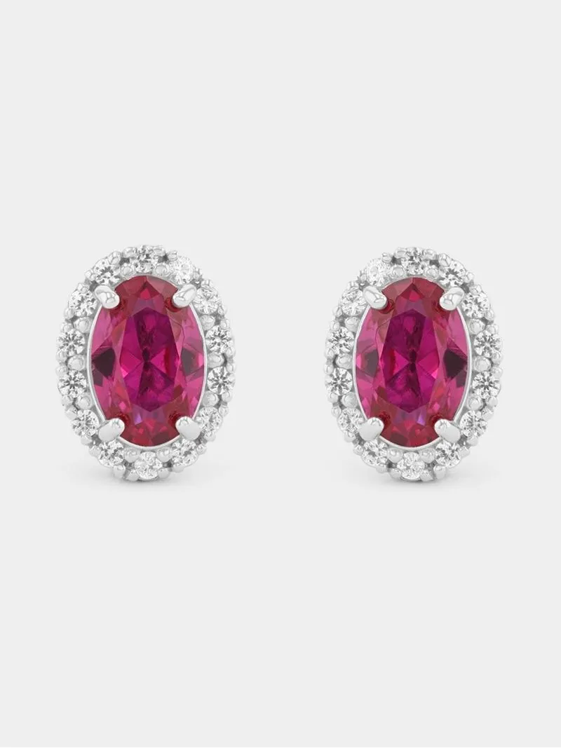 Sterling Silver Diamond & Created Ruby Oval Halo Stud Earrings