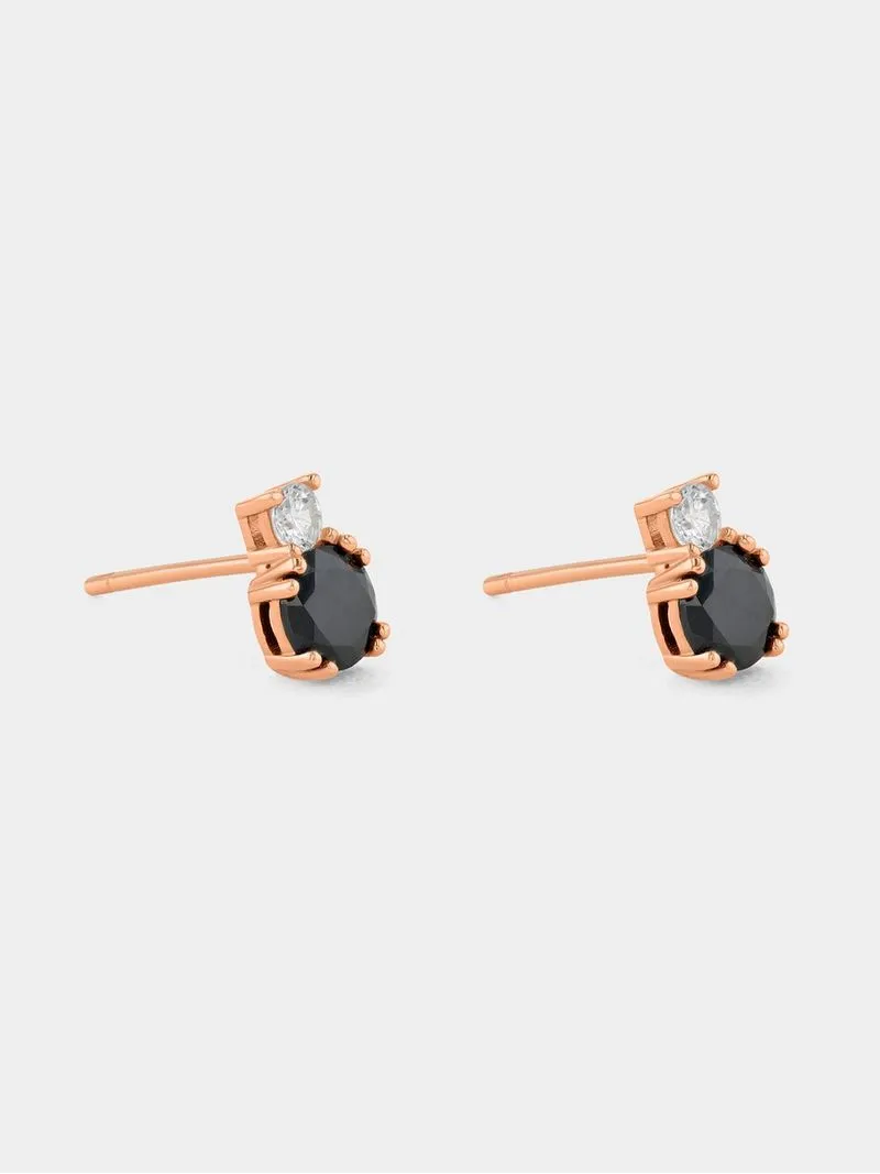Rose Plated Sterling Silver Black & White Cubic Zirconia Stud Earrings
