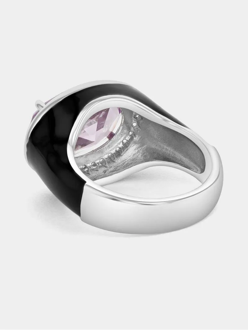Sterling Silver Black Enamel Lilac Cubic Zirconia Oval Halo Ring