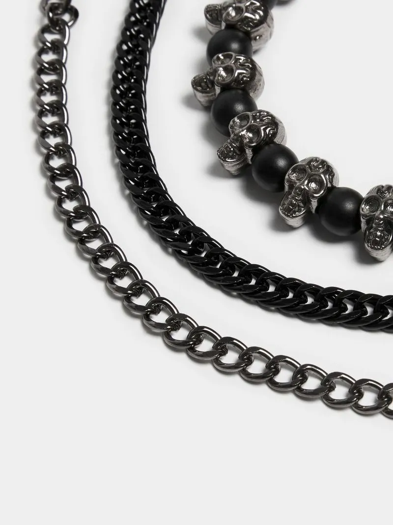 Men's Markham Skull and Chain Bead Gunmetal Bracelet Pack