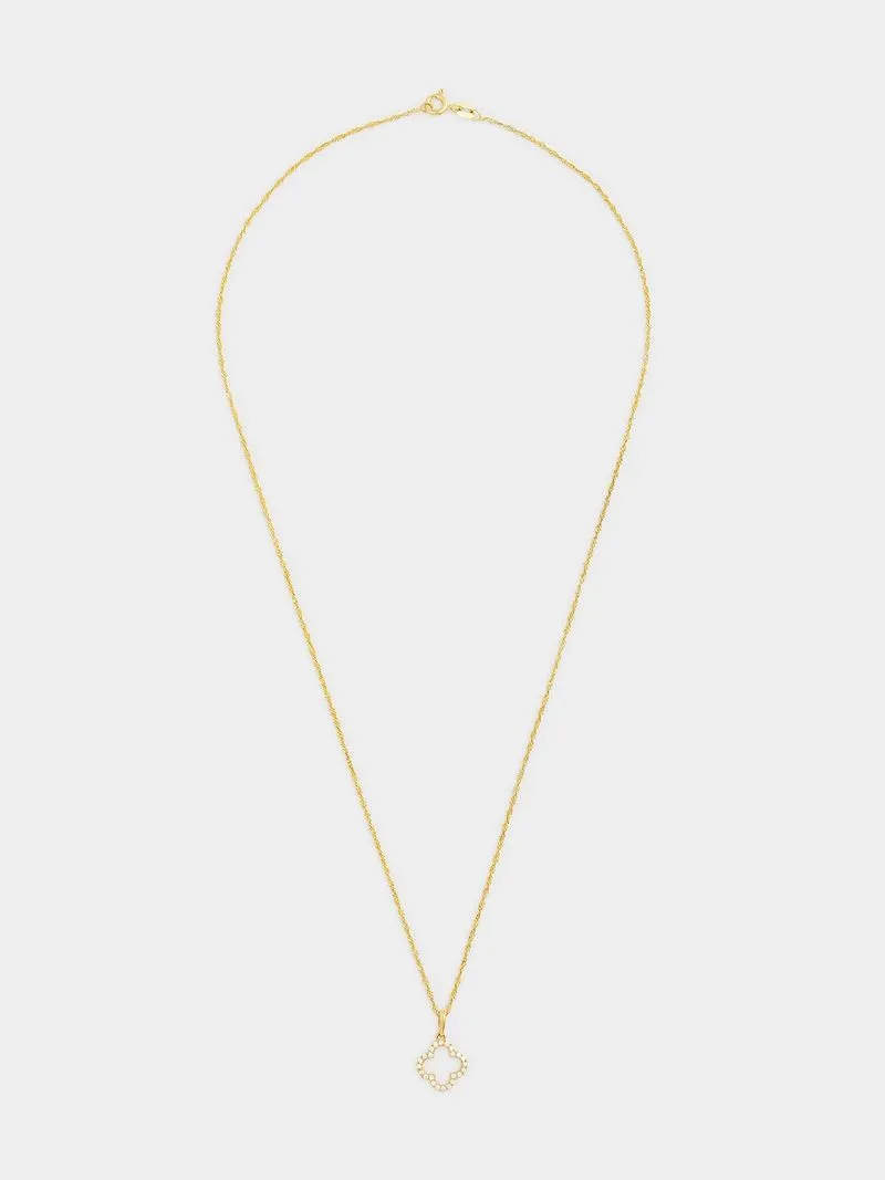 Yellow Gold Cubic Zirconia Clover Pendant on chain.