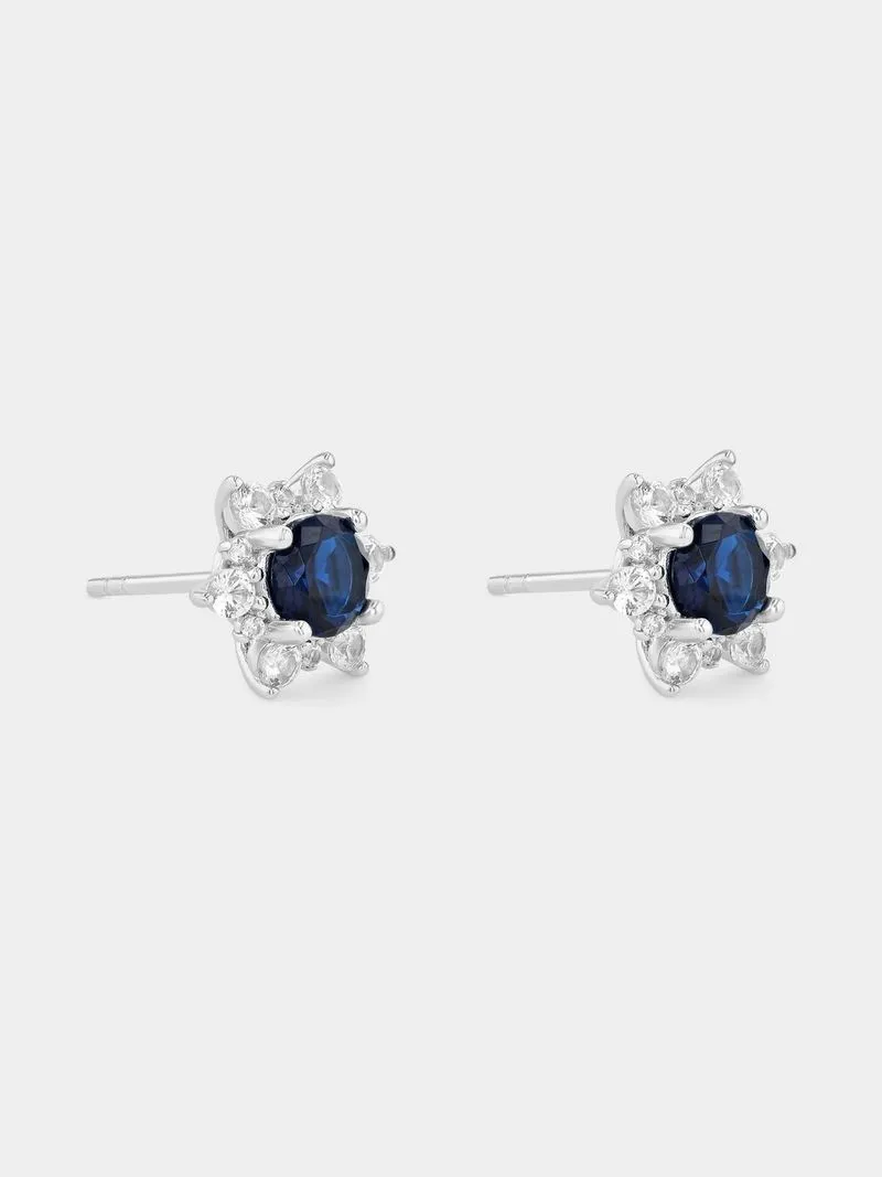 Sterling Silver Diamond & Blue Sapphire Flower Stud Earring