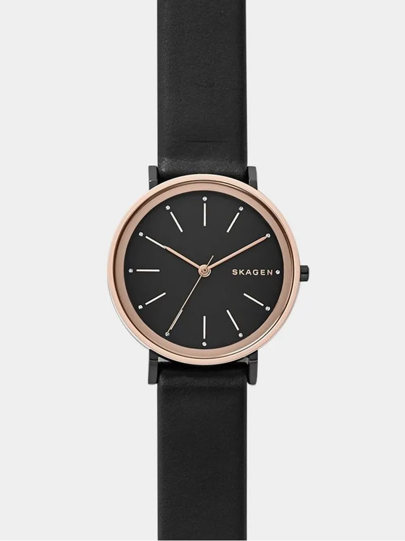 Skagen Women's Hald Rose Gold Plated Stainless Steel & Black Leather Watch