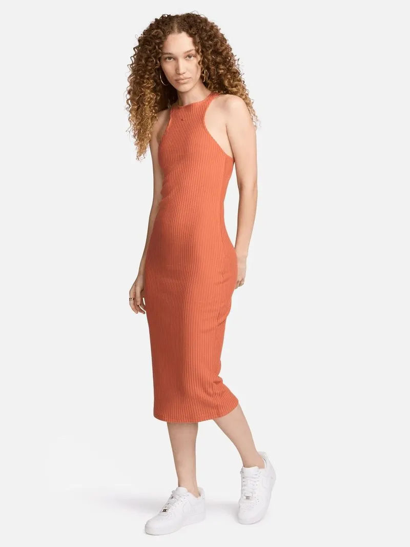 Nike Women's Chill Knit Slim Sleeveless Ribbed Midi Orange Dress