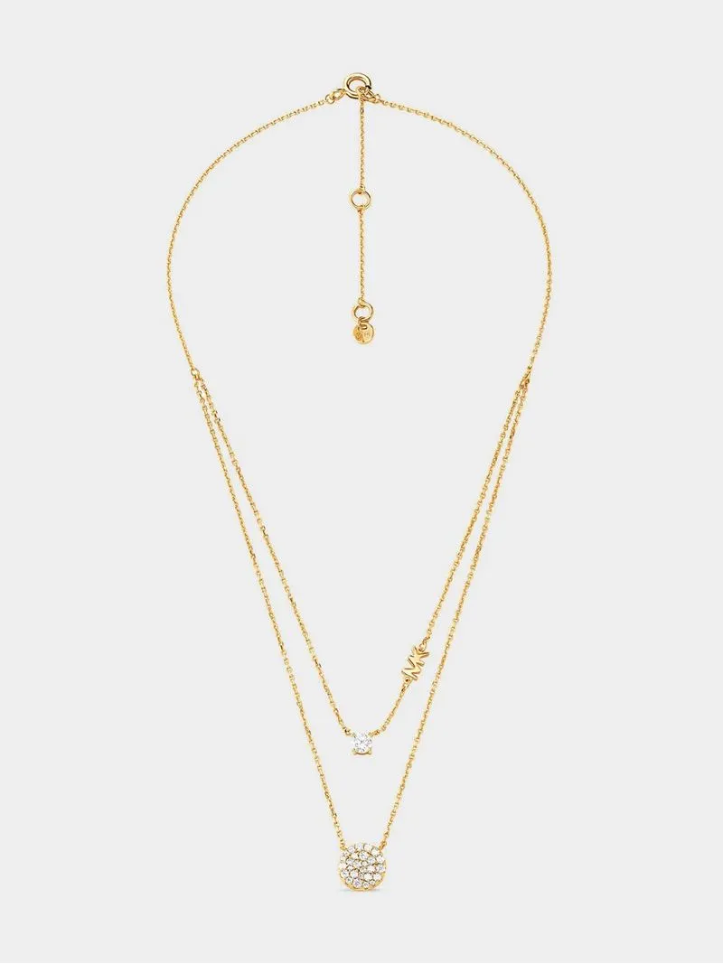 Michael Kors Kors Brilliance Collection Gold Plated Sterling Silver Double Layered Pavé Disk Necklace
