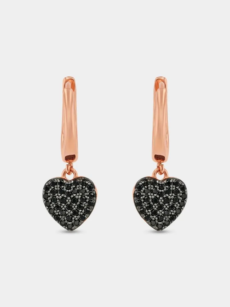 Rose Plated Sterling Silver Black Cubic Zirconia Heart Drop Earrings