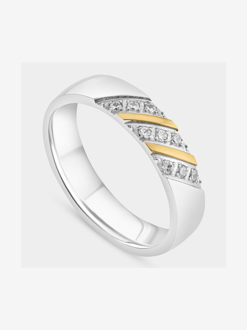Stainless Steel Gold Plated Cubic Zirconia Diagonal Channel Ring