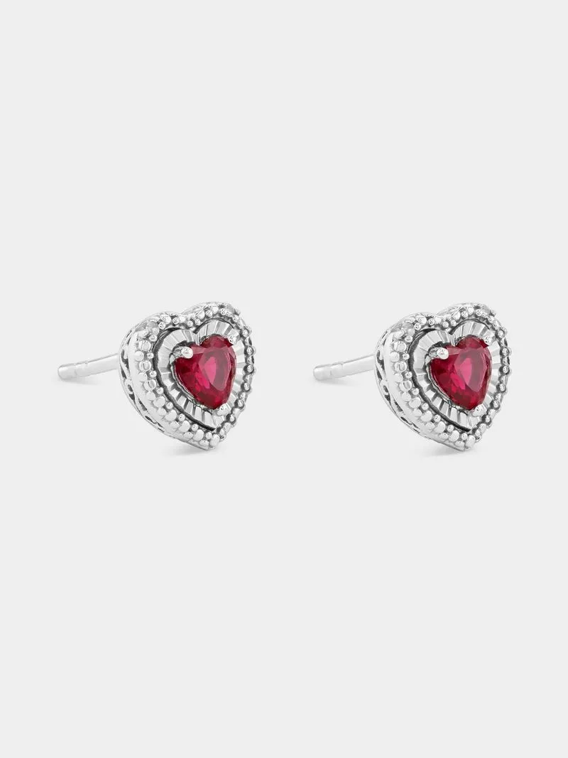 Sterling Silver Diamond & Created Ruby Heart Halo Stud Earrings
