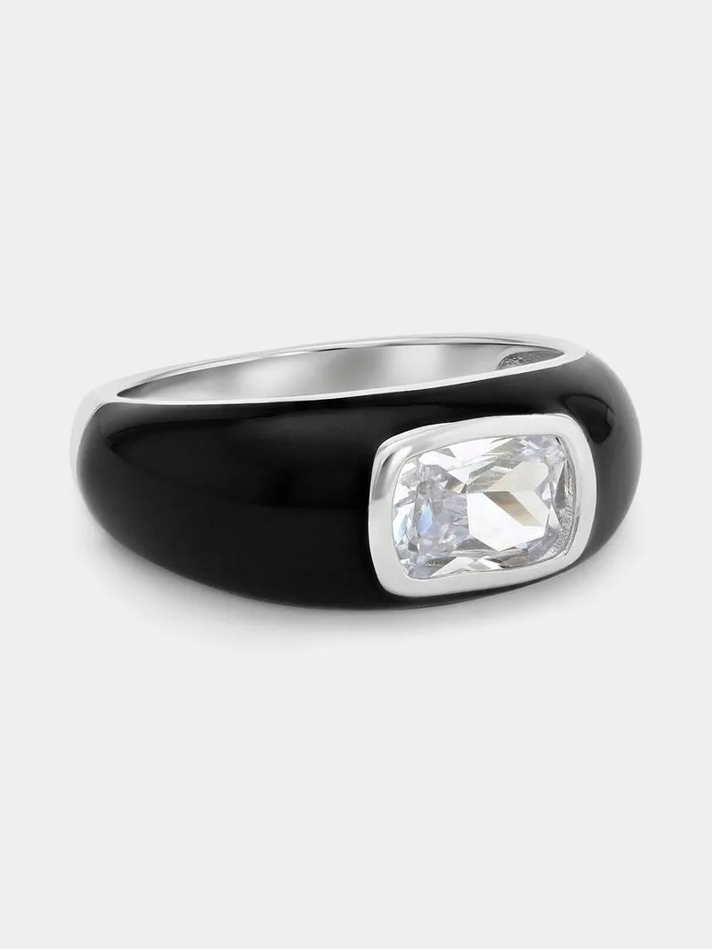 Sterling Silver Cubic Zirconia Black Enamel Domed Ring
