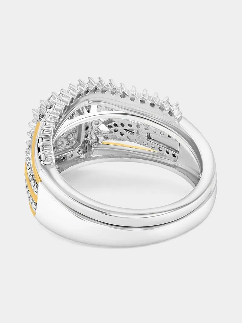Yellow Gold & Sterling Silver Diamond & Created Sapphire Cushion Halo Twinset Ring