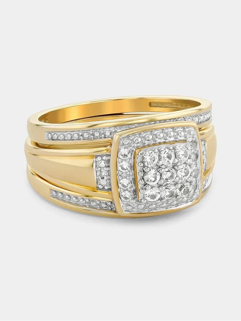 Yellow Gold Diamond& Created Sapphire Cushion Halo Triple Set Ring