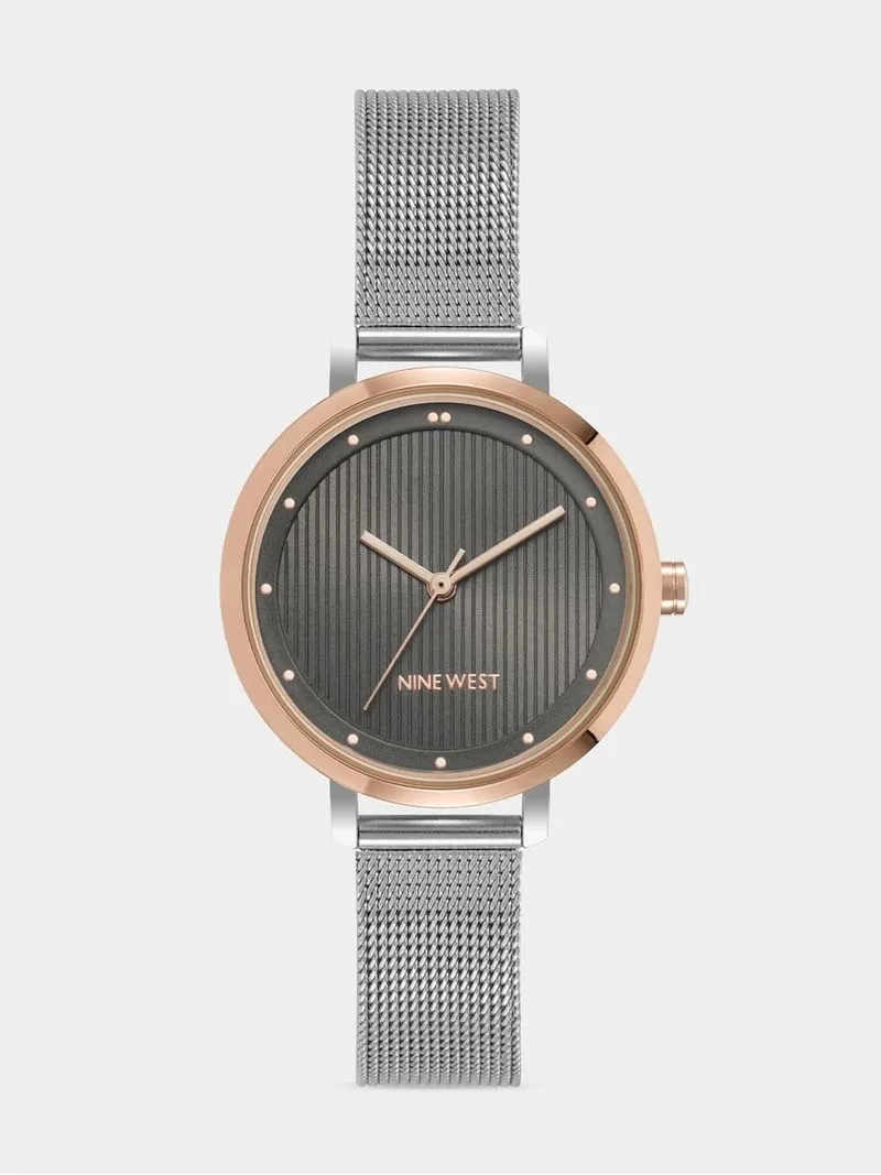 Nine West Women's Grey Dial, Rose Gold & Silver Plated Mesh Watch