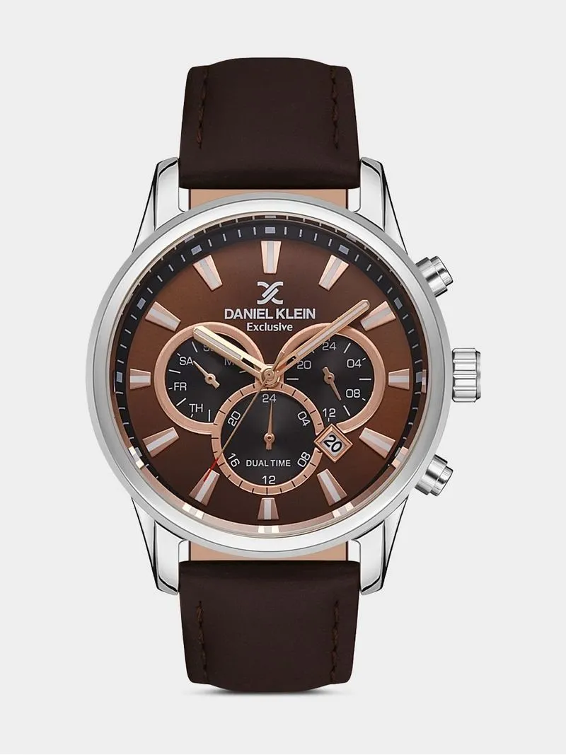 Daniel Klein Silver Plated Chronographic Brown Leather Watch