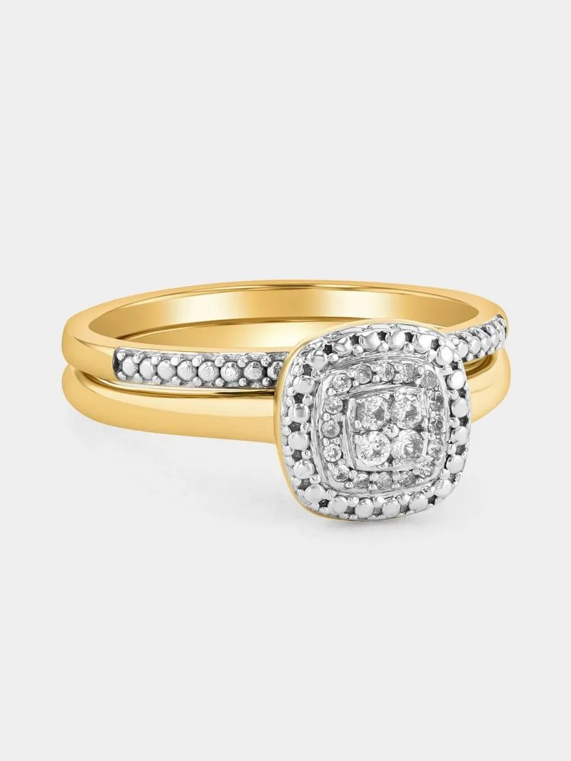 Yellow Gold Diamond & Created Sapphire Cushion Halo Twinset Ring
