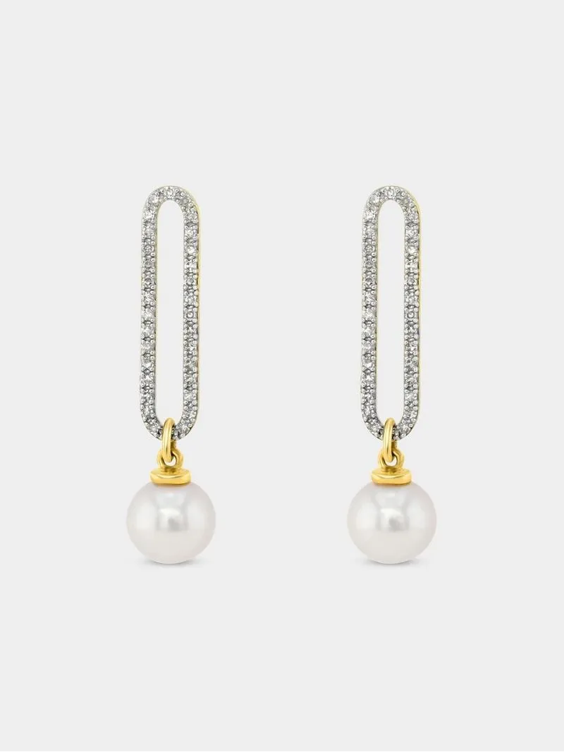 Yellow Gold 0.25ct Diamond & Freshwater Pearl Paperclip Drop Earrings