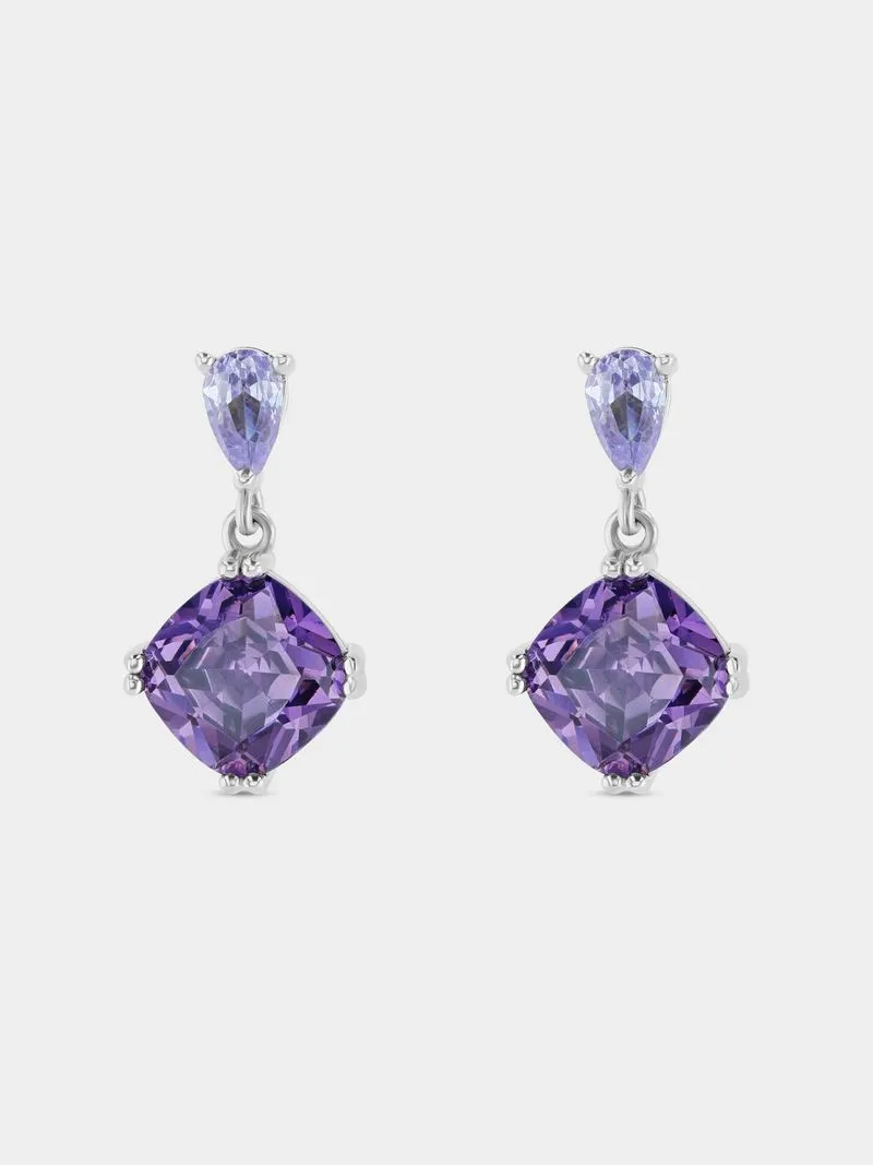 Sterling Silver Amethyst Cubic Zirconia Cushion & Pear Drop Earrings
