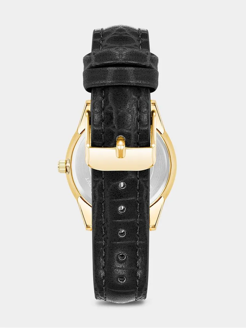 Anne Klein Gold Plated & Vegan Black Leather Watch