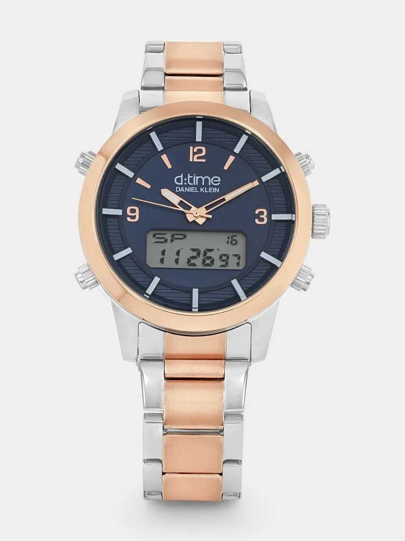 Daniel Klein Rose Plated Blue Ana-Digi Dial Two-Tone Bracelet Watch