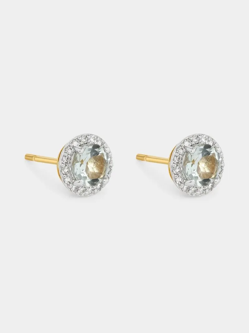 Yellow Gold Diamond & Green Amethyst Round Halo Stud Earrings