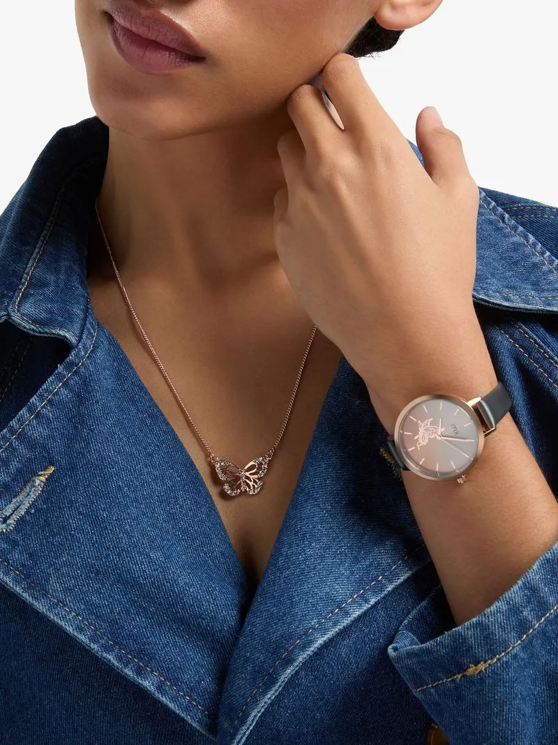 MX Women’s Rose Plated Grey Faux Leather Butterfly Watch & Necklet Set
