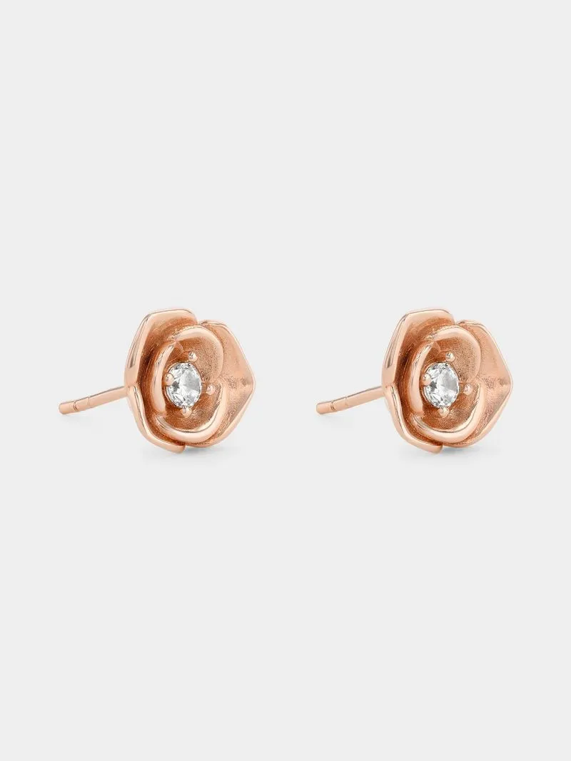 Rose Plated Sterling Silver Cubic Zirconia Solitaire Rose Studs