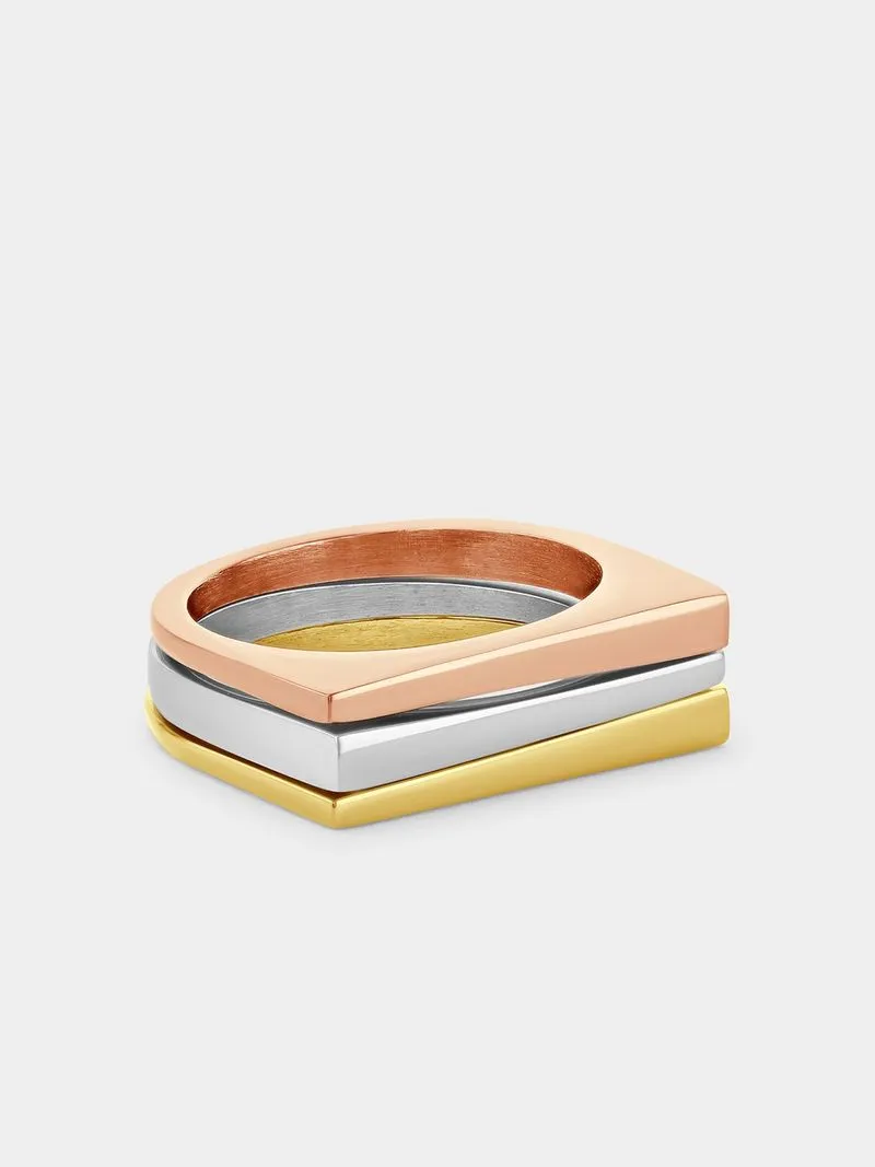 Stainless Steel Tri-Colour Plated Square Signet Triple Set Ring