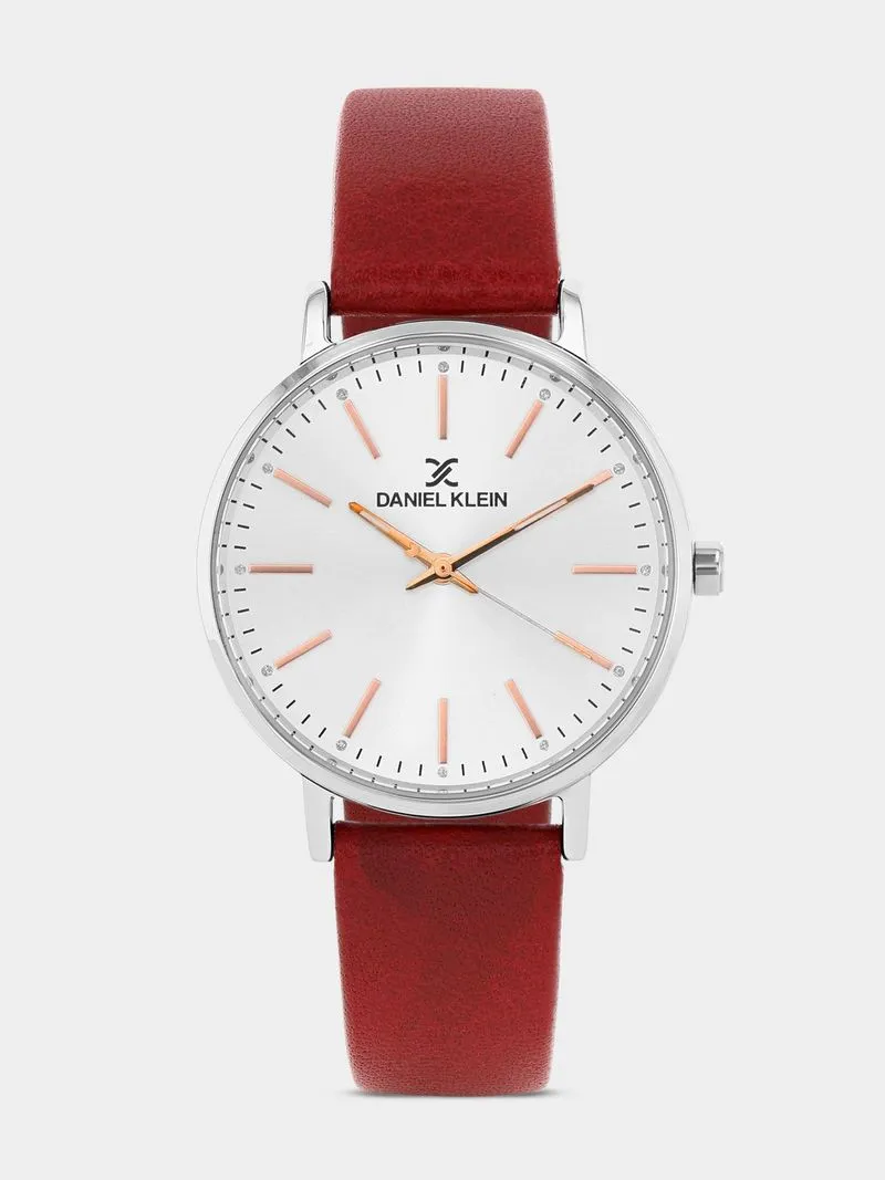 Daniel Klein Silver Plated Silver Tone Dial Red Leather Watch