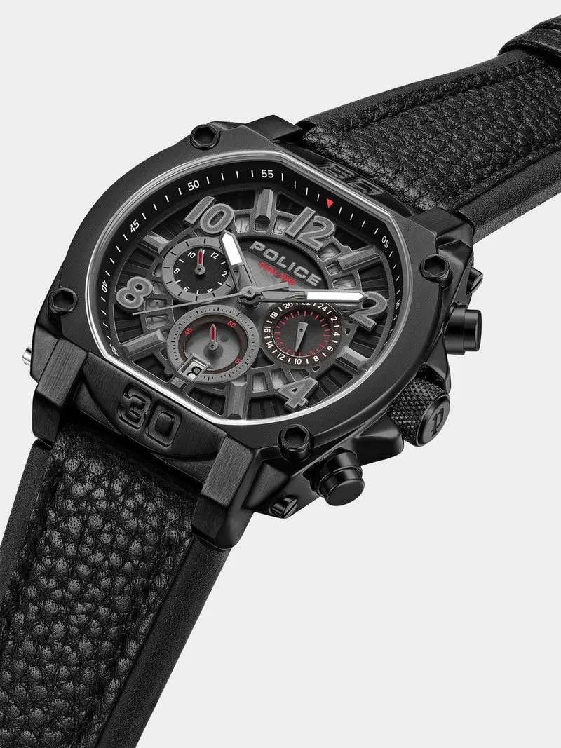 Police Norwood Black Plated Black & Charcoal Leather Chronograph Watch