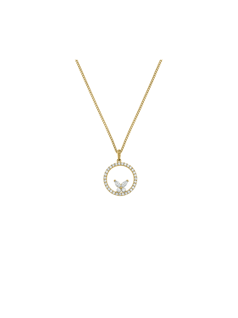 Yellow Gold, Cubic Zirconia Circle with a Butterfly design Pendant on chain
