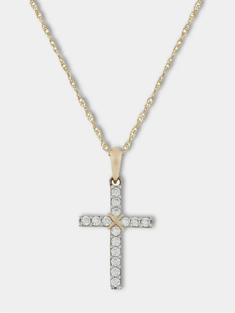 Yellow Gold & Sterling Silver, , Cubic Zirconia Cross on a chain.