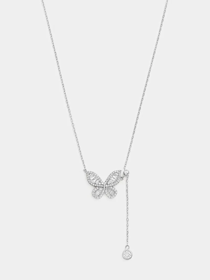 Sterling Silver Cubic Zirconia Baguette Butterfly Pendant