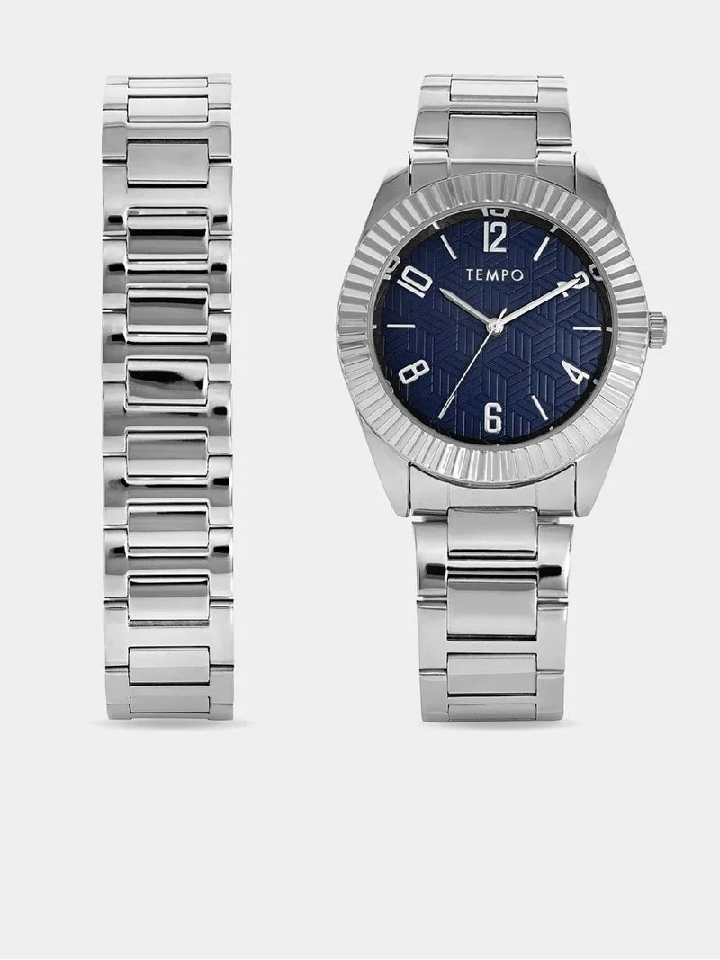 Tempo Men’s Silver Plated Blue Dial Bracelet Watch Set