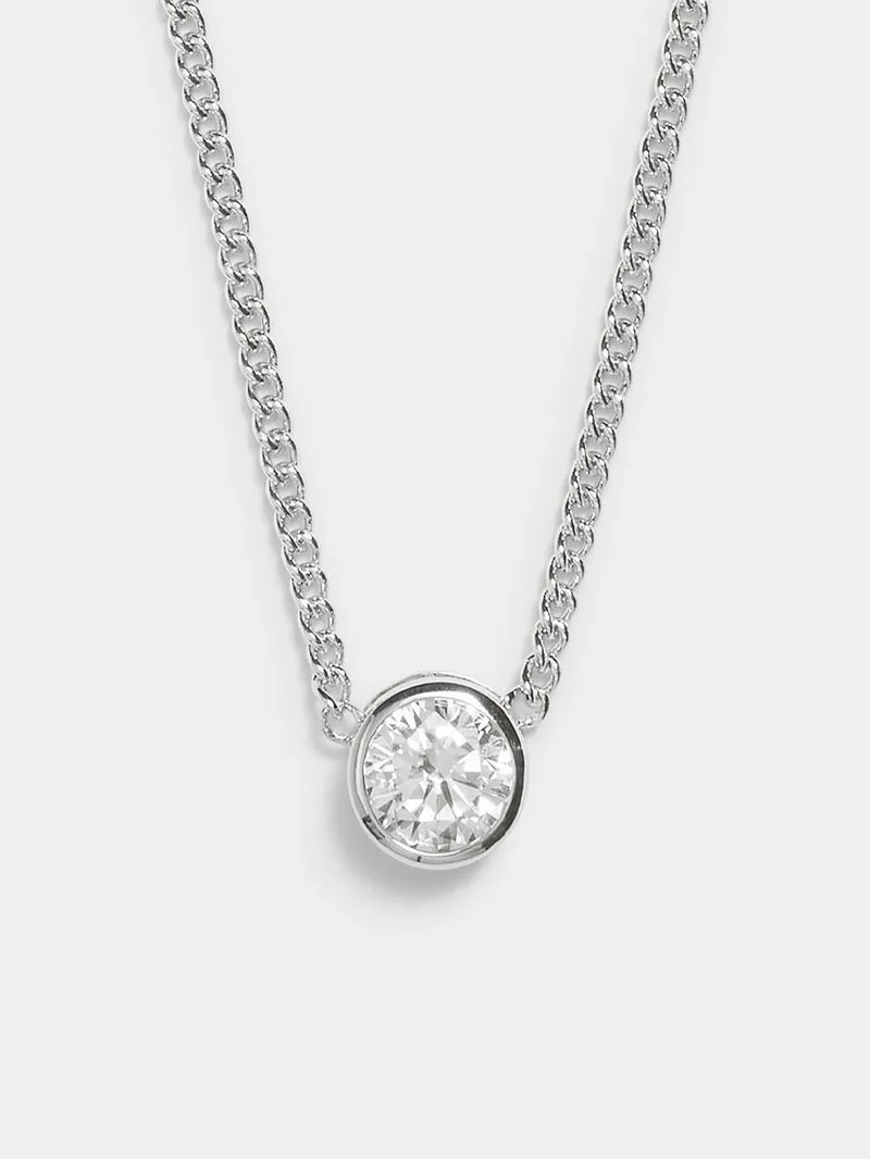 Rhodium Plated Large Round clear CZ Tube on curb chain
