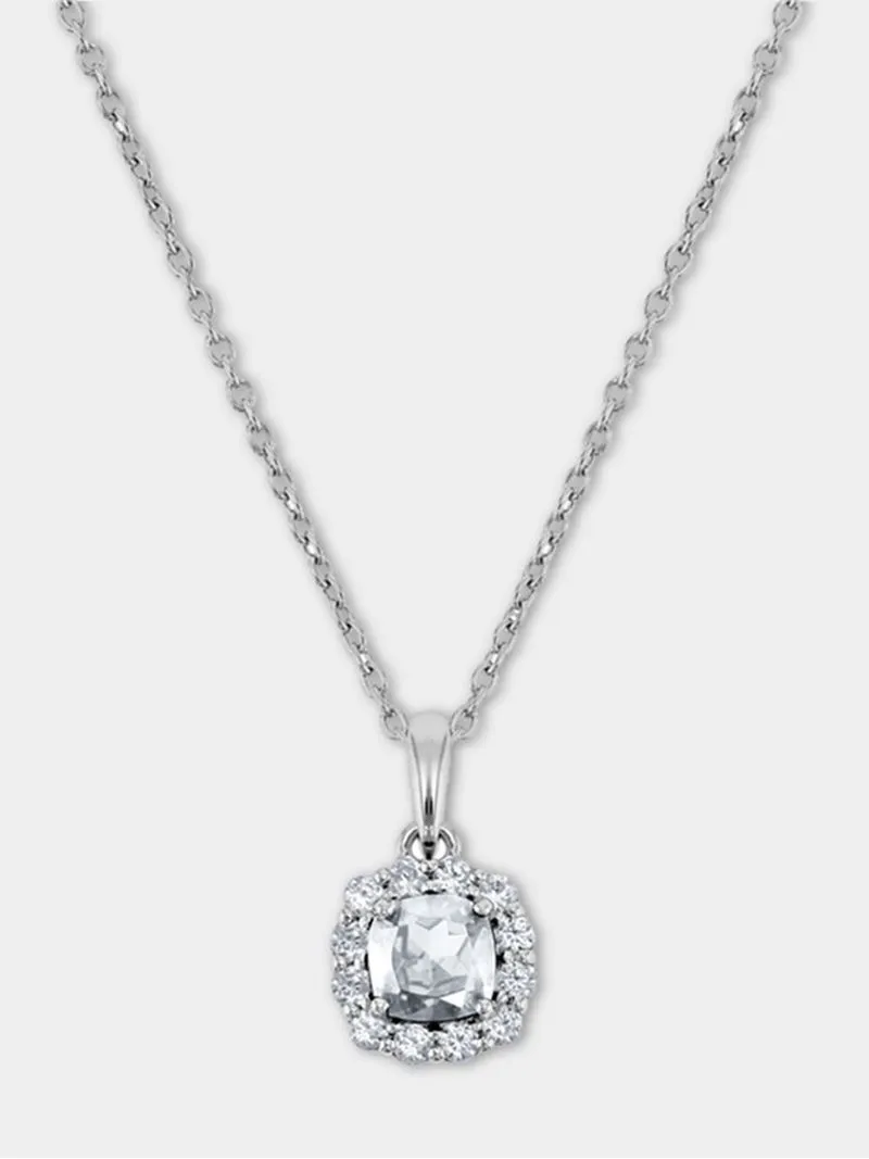 Sterling Silver Diamond & Created White Sapphire Cushion Halo Pendant