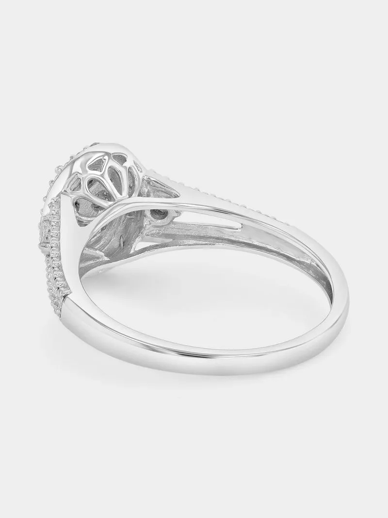 Sterling Silver Lab Grown Diamond Oval Halo Side Stone Ring