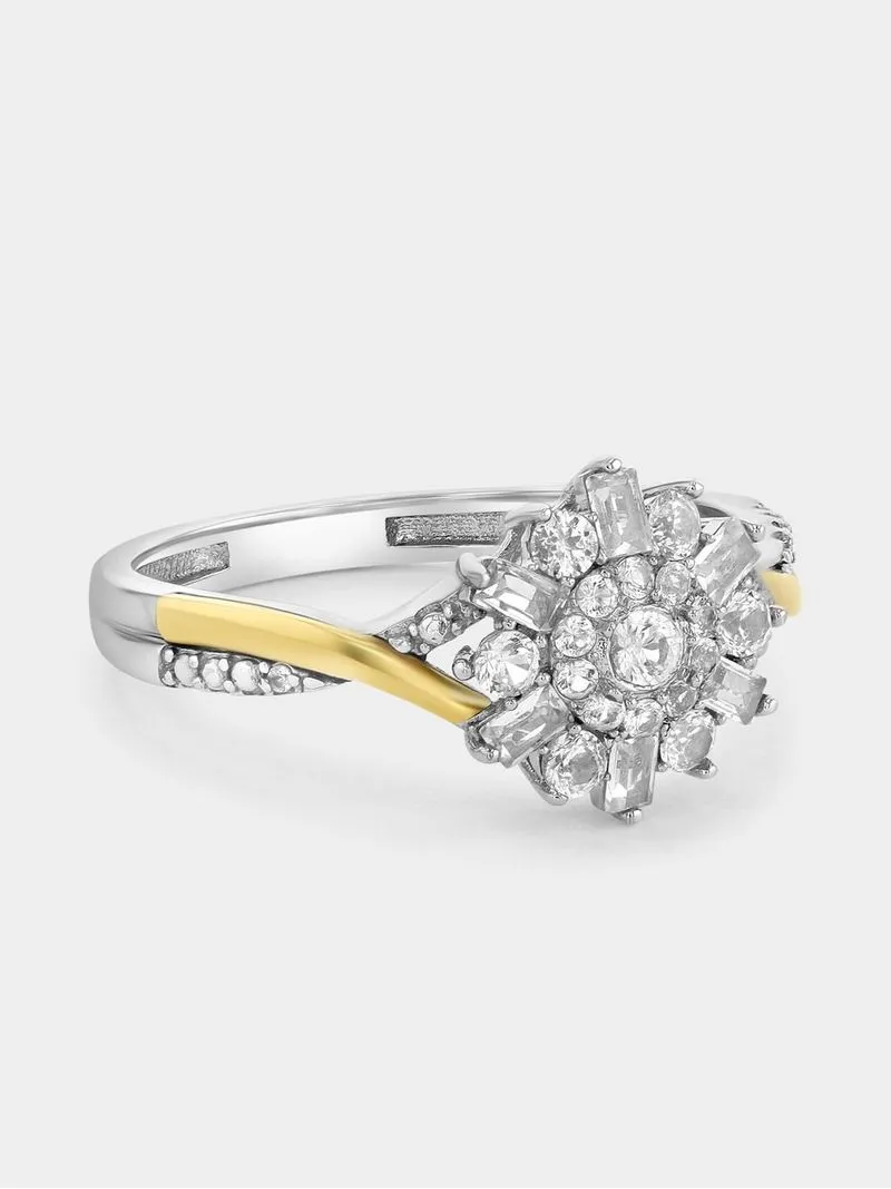 Yellow Gold & Sterling Silver Diamond & Created Sapphire Flower Ring