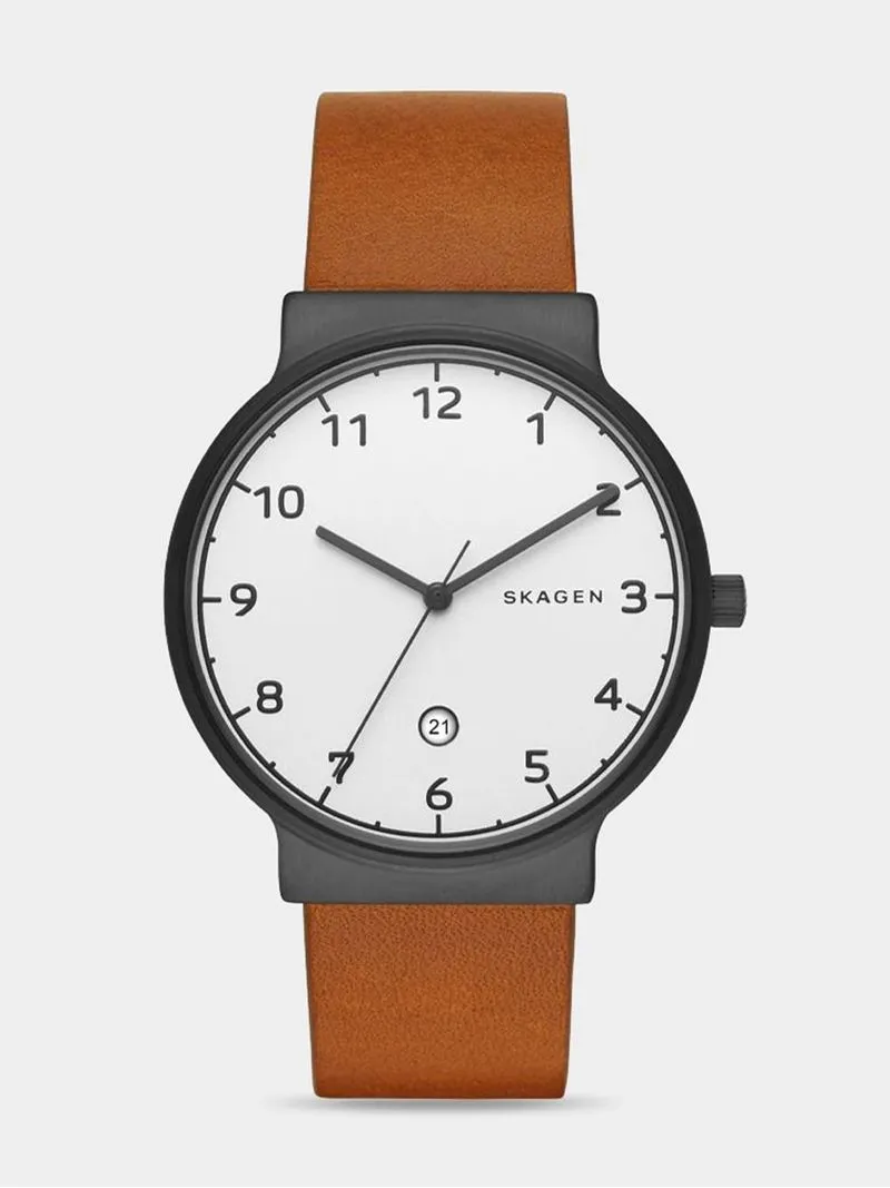 Skagen Men's Ancher Black Plated Stainless & Brown Leather Watch