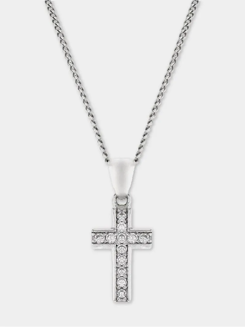 Sterling Silver Cubic Zirconia Kid's Petite Pave Cross Pendant Necklace